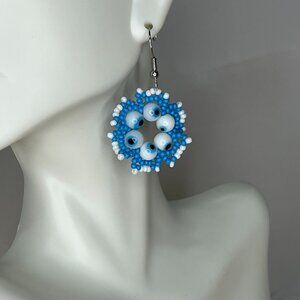 Handmade beaded earrings - Blue White Evil Eye Flower